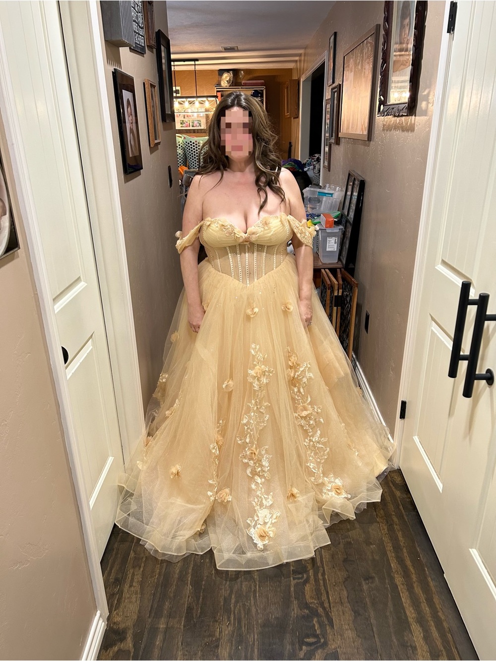 Champagne Tulle Ball Gown with Floral Appliqués - Picture 5 of 11